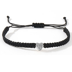 Letter U 304 браслеты из плетеных бусин в форме сердца из нержавеющей стали с буквами, регулируемые плетеные браслеты из нейлонового шнура для парной дружбы, платина, Буква U, 7-7/8 дюйм (20 см), внутренний диаметр: 11 дюйм (28 см)