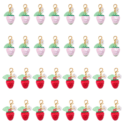 Doré  32pcs décorations pendentif fraise en acrylique transparent, avec des perles d'imitation en plastique ABS et des fermoirs mousquetons en alliage de zinc, or, 36.5~37mm