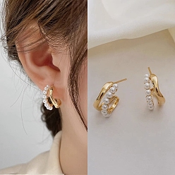 Ring Alloy Imitation Pearl Stud Earrings for Women, with 925 Sterling Silver Pin, Ring, 18x12mm