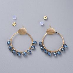 Cornflower Blue Dangle Stud Earrings, with Glass Beads, Plastic & Brass Ear Nuts, Golden Plated Brass Findings and Cardboard Boxes, Ring, Cornflower Blue, 43mm, Pin: 0.8mm