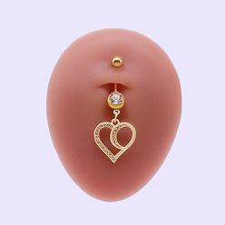 Сердце 316l хирургическая нержавеющая сталь микропаве прозрачный кубический цирконий пупочные кольца, золотые, сердце, длина стержня: 3/8"(10мм), штифты : 1.6 мм