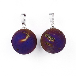 С Фиолетовым Покрытием Гальваническое покрытие природные друзы, с латунной фурнитурой , круглые, платина, с фиолетовым покрытием, 23.5x20~20.5 мм, отверстие : 4.5x7 мм