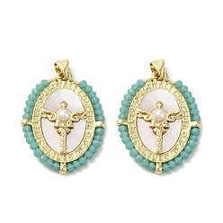 Dark Turquoise Brass Pave Shell Pendants, Oval Charms with Glass Beads Wrapped and ABS Imitation Pearl Beads, Real 18K Gold Plated, Dark Turquoise, 31~32x23.5x4.5mm, Hole: 3.5x4.5mm
