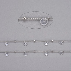 Platinum Brass Ball Curb Chains, with Cubic Zirconia and Spool, Long-Lasting Plated, Soldered, Clear, Platinum, 1.5x0.9x0.2mm, about 32.8 Feet(10m)/roll