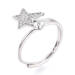 Платинированный Регулируемые оправы колец в форме звезды из латуни с микропаве из прозрачного кубического циркония, за половину пробурено бисера, без кадмия, без никеля и без свинца, Реальная платина, штифты : 0.9 мм, 12.2 мм, внутренний диаметр: 16.5~17.8 мм