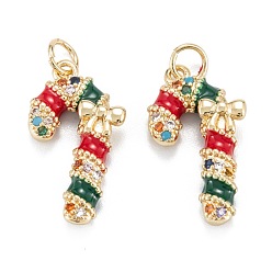 Настоящее золото 18K Рождественские тематические латунные подвески с микропаве и фианитами, с эмалью и кольцом для прыжков, долговечный, Рождество конфеты, реальный 18 k позолоченный, 20.5x11.5x4 мм, Перейти кольцо: 5x0.7 мм, 3.6 мм внутренним диаметром