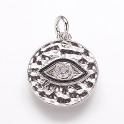 Платина Забитые латунные подвески, с кубического циркония и эмали, плоские круглые с глаз, платина, 17x14.5x3 мм, отверстие : 3 мм