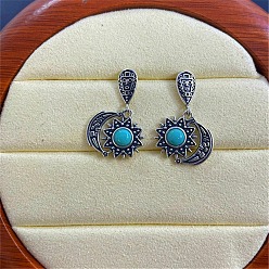 Солнце Синтетические бирюзовые серьги, с застежкой из стерлингового серебра, античное серебро, солнце, 25x22 мм
