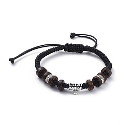 Черный Браслеты из плетеной нити, с латунной прокладки Rhinestone, кокосовые бусы и сплавные подвески ссылки, чёрные, 2-1/8 дюйм ~ 3-3/8 дюйм (5.5~8.5 см)