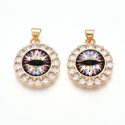 Разноцветный Латунные подвески с микропаве из прозрачных кубических цирконий для женщин, плоские круглые с глаз, cmолой, реальный 18 k позолоченный, красочный, 23.5x20x7~7.5 мм, отверстие : 3.5x5 мм