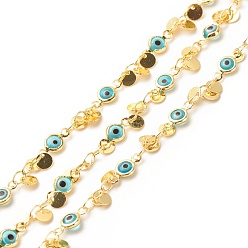Cyan Glass Flat Round with Evil Eye Link Chains, with Gold Plated Brass Charms, Long-Lasting Plated, Soldered, with Spool, Cyan, 10x4.5x2mm