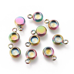 Rainbow Color Ion Plating(IP) 304 Stainless Steel Pendant Cabochon Settings, Flat Round, Rainbow Color, Tray: 4mm, 9x6x3mm, Hole: 1.6mm