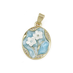 Настоящее золото 18K Латунь эмаль подвески, овальные с цветком, микропаве из кубического циркония и акрила, без кадмия и без свинца, реальный 18 k позолоченный, 23x17x3.5 мм, отверстие : 2.5x5 мм