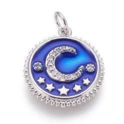 Синий Латунные микро проложить кубического циркония подвески, с эмалью, плоские круглые с Луны и звезды, платина, синие, 18x16.5x2 мм, отверстие : 3.5 мм