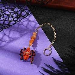 Красный Авантюрин Подвеска в виде паука и черепа на тему Хэллоуина из окрашенной синтетической бирюзы и стеклянных бусин, с натуральными красными авантюриновыми крошками и латунными цепями-кабелями, 156 мм, отверстие : 17 мм