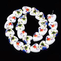 Red Handmade Porcelain Ceramic Beads Strands, Flower Printed, Heart, Red, 15x15x7mm, Hole: 3mm, about 23pcs/strand, 12.8 inches(32.5cm)