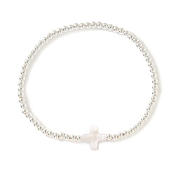 Кремово-белый Латунные круглые бусины эластичные браслеты, крестик из натуральных ракушек для женщин, платина, кремово-белые, 6.89 дюйм (17.5 см)