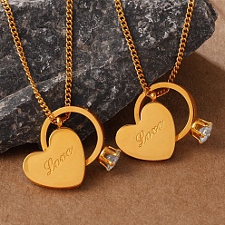 Golden Valentine's Day 304 Stainless Steel Pave Clear Cubic Zirconia Ring & Love Heart Pendant Necklaces for Women, Golden, 17.32 inch(44cm)
