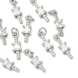 Real Platinum Plated SHEGRACE Brass Micro Pave Cubic Zirconia Pendants, Cadmium Free & Nickel Free & Lead Free, Rectangle Charms, Clear, Real Platinum Plated, 11.5x4.5x2.5mm, Hole: 2.5mm
