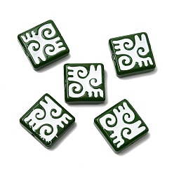 Темно-Зеленый Выпечка окрашенные стеклянные бусины, квадрат с символом, с эмалью, темно-зеленый, 18x18x6 мм, отверстие : 1.4 мм