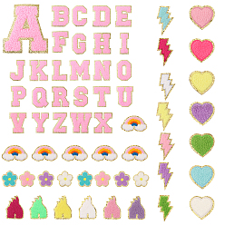 (52) Непрозрачная лаванда Молния, замок, цветок с 5-лепестками, буква a~z, сердце и радуга, вышитые на ткани нашивки для полотенец, приклеиваемые утюгом/пришиваемые, аксессуары для костюма, разноцветные, 44~61x41~71x2~3.5 мм