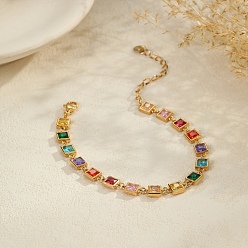 Rectangle 304 Теннисные браслеты из нержавеющей стали с разноцветными кубическими циркониями для женщин, золотые, прямоугольные, 6.69 дюйм (17 см)