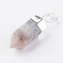Gebänderter Achat Natürliche, gestreifte Achat / bandierte Achatspitzenanhänger, mit Messing-Zubehör, Kugel, Silbern Silberfarbig, 19~21x7 mm, Bohrung: 4x6 mm