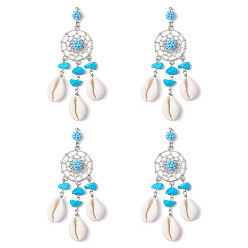 Античное Серебро Сплетенная из сплава паутина/сетка с бусинами из синтетической бирюзы и кисточками из натуральных ракушек каури, большие подвески, со стеклянными бисеринами, глубокое синее небо, античное серебро, 83.5x27.5x9 мм, отверстие : 3.9 мм