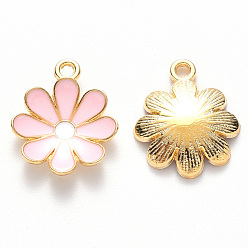 Pink Alloy Enamel Pendants, Flower, Light Gold, Pink, 19x16x3.5mm, Hole: 1.8mm