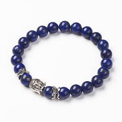 Lapislazuli Natürliche Lapislazuli (gefärbte) Stretch-Armbänder, Perlen Stretch-Armbänder, mit Tibetischen Stil Perlen, Buddha-Kopf, Antik Silber Farbe, 2-1/4 Zoll (56 mm)