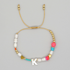 Letter K Initial Letter Natural Pearl Braided Bead Bracelet, Adjustable Bracelet, Letter K, 11 inch(28cm)