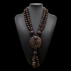 Кокосово-Коричневый Ожерелье в стиле бохо из кокоса и дерева ручной работы в этническом стиле с подвеской в виде пончика, длинными кисточками и бусинами для пляжного отдыха., кокосового коричневый, 31.50 дюйм (80 см)