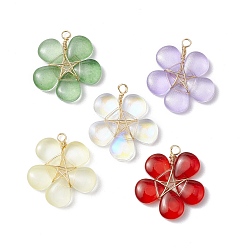 (52) Непрозрачная лаванда Подвески из стекла, обернутые медной проволокой, цветок, разноцветные, 31x28x5.5 мм, отверстие : 3 мм