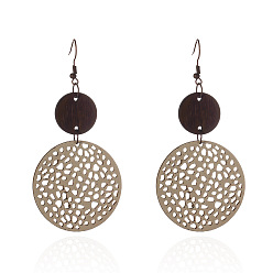 Плоский Круглый Серьги-подвески из железного дерева, с искусственной кожей, золотые, плоско-круглые, 80x40 мм