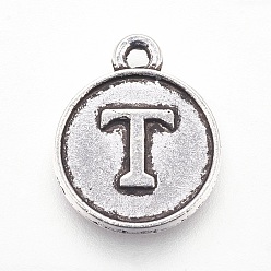 Letter T Подвески из сплава в тибетском стиле, плоские круглые с буквы, античная бронза, letter.m, 15x12.5x2 мм, отверстие : 1.5 мм