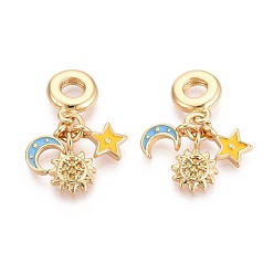 Разноцветный Европейские подвески-шармы из латуни с микропаве из прозрачных кубических цирконий и эмали, солнце и звезда и луна, Подвески с большими отверстиями, реальный 18 k позолоченный, красочный, 27 мм, отверстие : 4.8 мм
