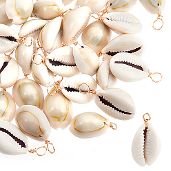 Seashell Color 50Pcs Natural Cowrie Shell Pendants, Shell Charms with Real 18K Gold Plated Eco-Friendly Copper Wire, Seashell Color, 28~32.5x14~16.5x11~12.5mm, Hole: 3.6mm