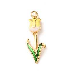 Amarillo Colgantes de latón con esmalte, encantos de tulipanes, chapado en rack, larga duración plateado, sin plomo y el cadmio, real 18 k chapado en oro, amarillo, 32x12x6 mm, agujero: 3 mm