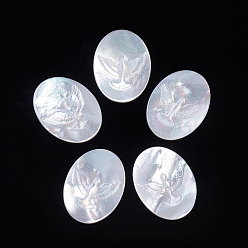 Coquillage Blanc Cabochons naturelles de coquillages blancs, ovale avec des oiseaux, 20x15x2.5~3mm