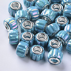 Mixed Color Opaque Resin European Beads, Large Hole Beads, with Silver Color Plated Double Brass Cores, Faceted, AB Color Plated, Column, Mixed Color, 11.5x8mm, Hole: 5mm