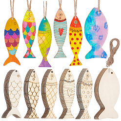Кукурузный Шелк 36шт 6 стили необработанные деревянные подвесные украшения, с джутовым шпагатом, рыба, цвет колоса кукурузы, 100x27~45x2 мм, 6 шт / стиль