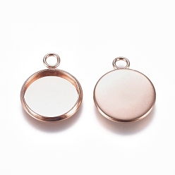 Rose Gold 201 Stainless Steel Pendant Cabochon Settings, Plain Edge Bezel Cups, Flat Round, Rose Gold, Tray: 12mm, 17.5x14x2mm, Hole: 2mm