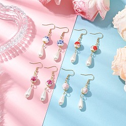 (52) Непрозрачная лаванда Круглые с цветочным узором фарфоровые керамические серьги-подвески, с 304 нержавеющей стали серьги крючки, с имитацией жемчуга в форме капли, разноцветные, 57~58x10 мм