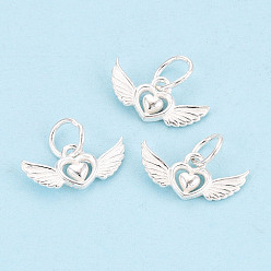 Серебро 925 Подвеска в виде сердца из стерлингового серебра с ангельскими крыльями, с печатью 925, серебряные, 6.5x14~14.5x2.5 мм, отверстие : 4 мм, Перейти кольцо: 5x0.5 мм, внутренний диаметр: 4 мм