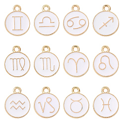 Constellation Alloy Enamel Pendants, Light Gold, Flat Round with Constellation, 12 Constellations, 15x12x1.5mm, Hole: 1.5mm, about 12pcs/set