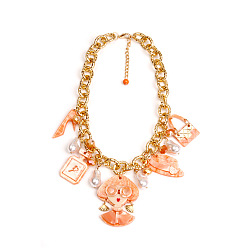 Легкий Лосось Женские ожерелья-нагрудники из акрила в виде флакона женских духов, туфли на высоком каблуке с подвеской из искусственного жемчуга и цепочками из сплава., золотые, светлый померанцевый, 17.72 дюйм (45 см)