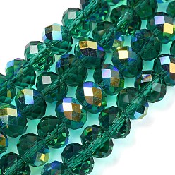 чирок Гальванизируйте прозрачное стекло бисер нитей, рондель, с покрытием AB цвета, с половиным покрытием, граненые, зелено-синие, 8x6 мм, отверстие : 1.2 мм, около 78~80 шт / нитка, 6.89~19.02'' (47.5~48.3 см)