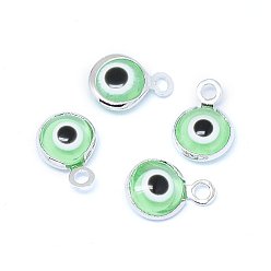 Платинированный Подвески ручной работы сглаз, с латунной фурнитурой , плоско-круглые, светло-зеленый, Реальная платина, 10x6.5x3 мм, отверстие : 1.5 мм