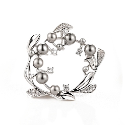 Platine Broche guirlande de fleurs en laiton imitation perle, avec verre strass, platine, 38x38mm