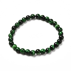 Green Dyed & Heated Natural Tiger Eye Round Beads Stretch Bracelets, Green, Inner Diameter: 2-1/8 inch(5.4cm)